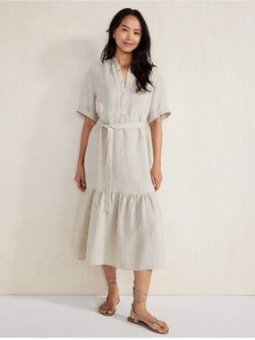 Haven Well Within 100% Linen Dress XS Midi Shirt Dress Tie Waist Cottagecore